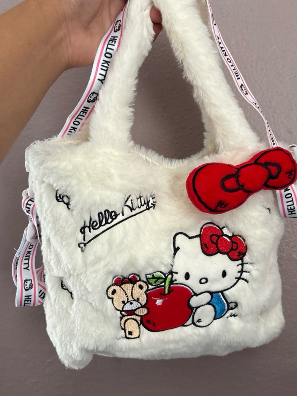 Hello Kitty White Plush Kids Tote with Red Bow and Apple